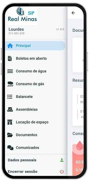Celular com o menu do aplicativo da Real Minas SP: boletos em aberto, consumo de água e de gás, balancete, assembleias, documentos e comunicados